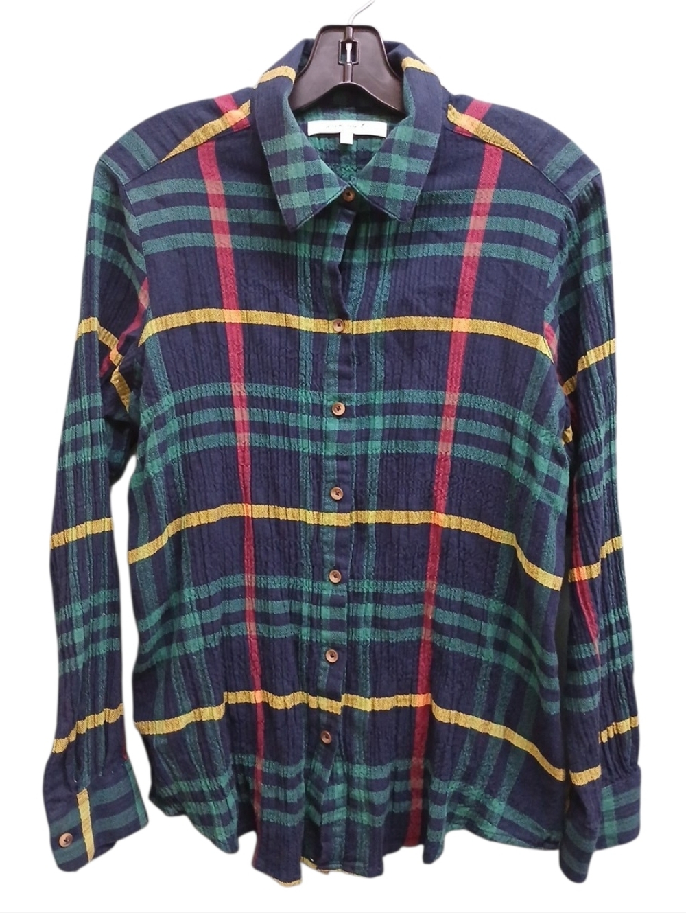 Foxcroft Navy Plaid Shirt with Green, Red & Yellow Stripes Size 10